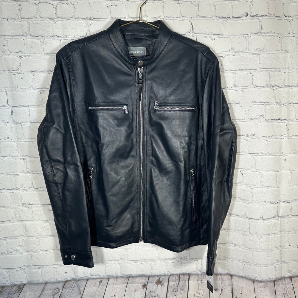 NEW Michael Kors Mens Midnight Blue Leather Racer Jacket MC57748‎ Size M